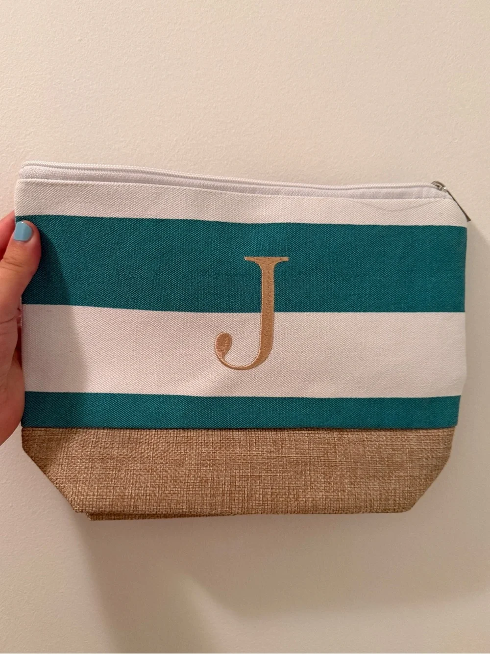 Embroidered 'J' Monogram Teal & White Striped Beach Bag with Clutch
